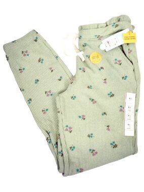 Cat & Jack Girls XL 14 Green Floral Ribbed Jogger Pants With Drawstring Waist
